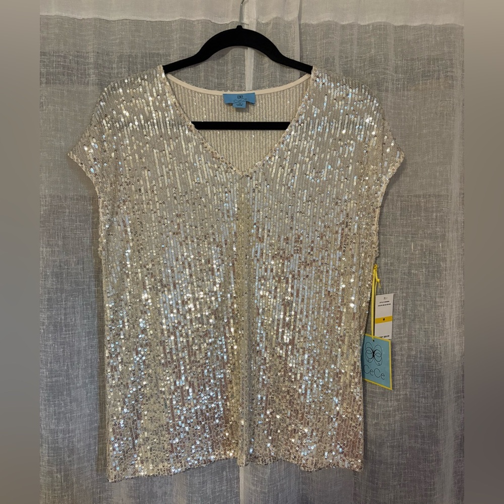CeCe Champagne Sequin V-Neck Short Sleeve Top
